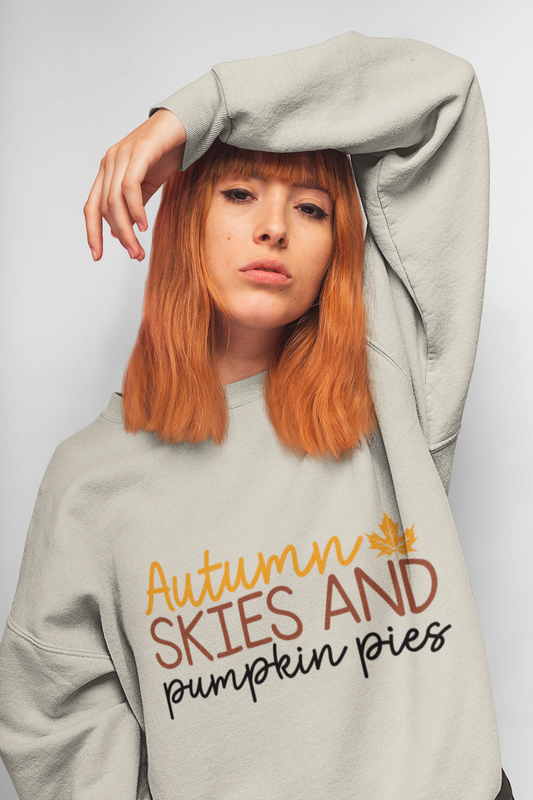 Autumn Skies Sweatshirt | Cozy Fall Apparel, Pumpkin Pies Gift, Unisex Crewneck, Perfect for Thanksgiving, Autumn Fashion - SxR Creations